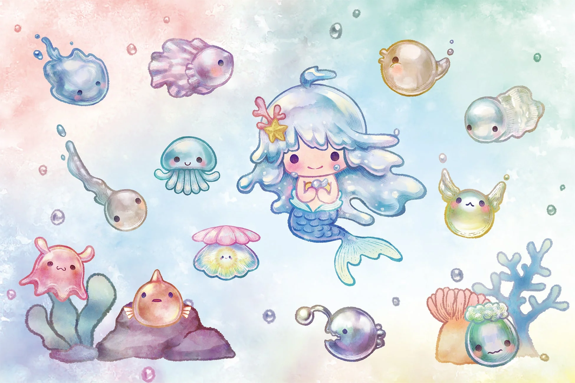 人魚と海の生き物のイラスト