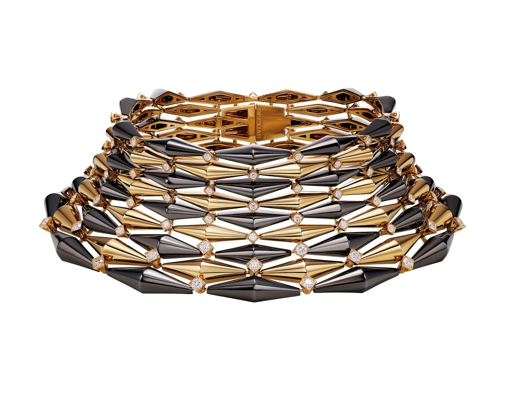 ゴールドとブラックの扇形パーツが交互に配置された豪華なチョーカー