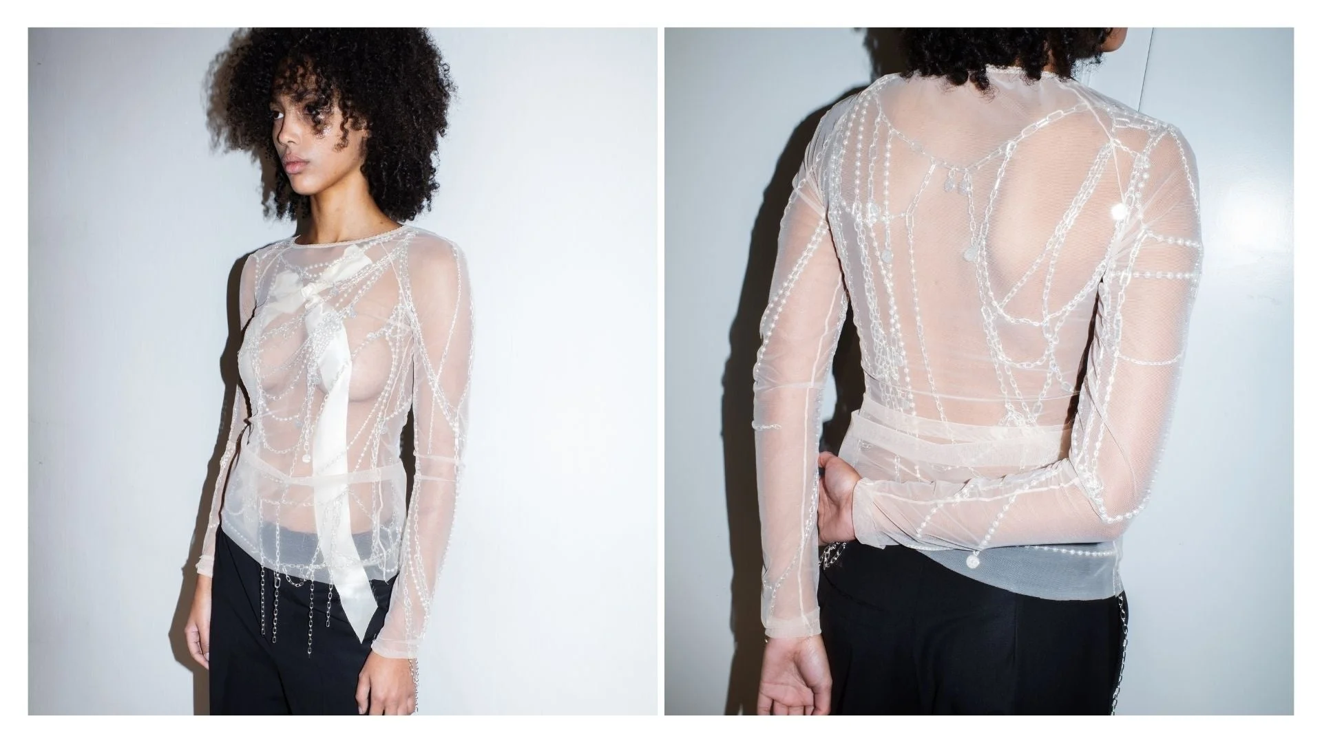 透け感のあるヌードカラーの長袖トップスを着用したモデル