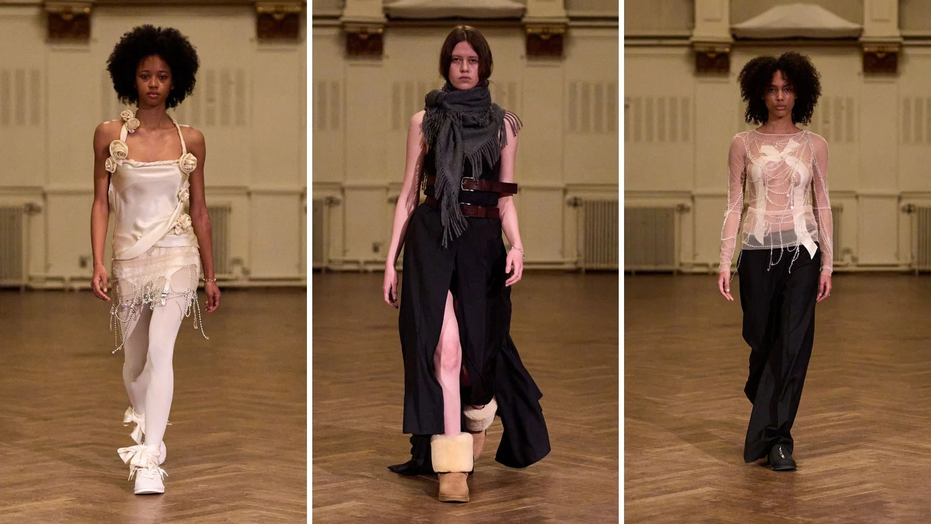 ランウェイを歩く3人のモデル