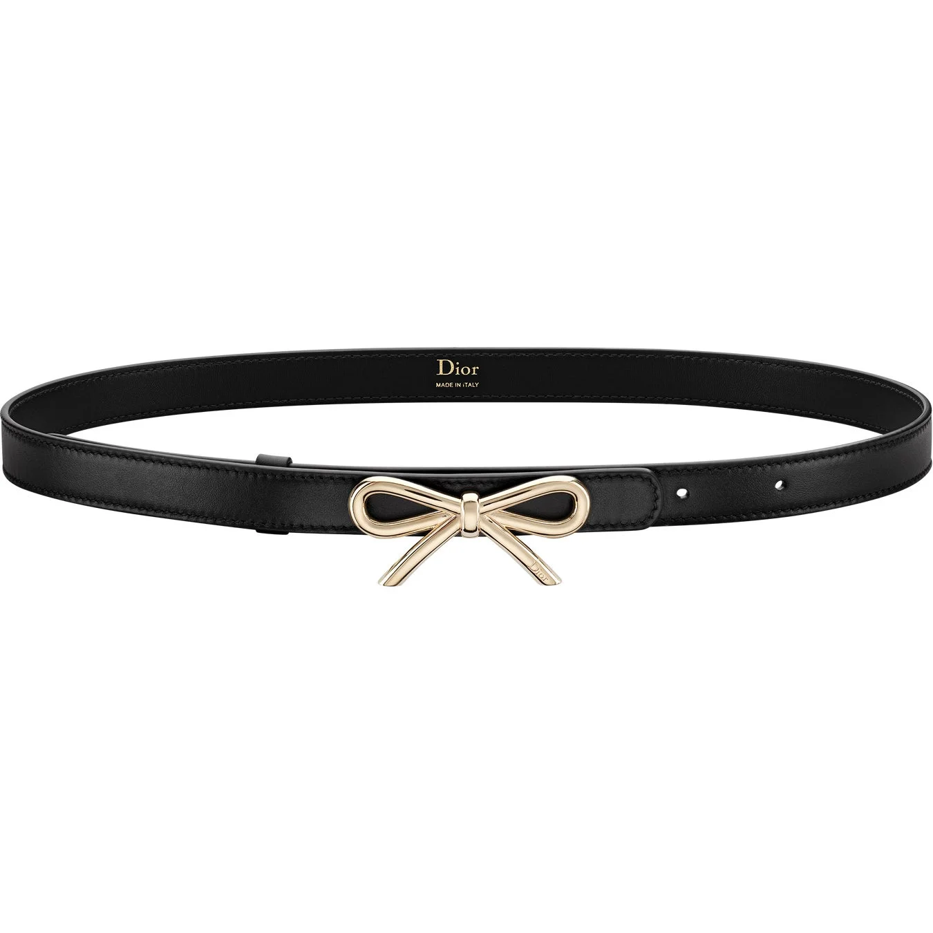 中央にゴールドのリボン型バックルがあしらわれた黒いレザーベルト
