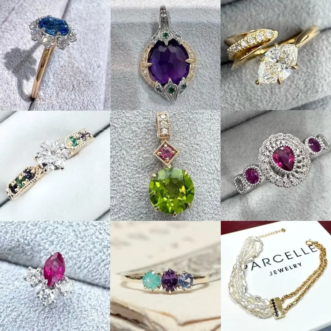 様々な種類の宝石があしらわれた美しいジュエリー